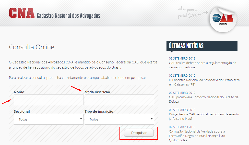 imagem da página do site do Cadastro nacional dos advogados - contratar um advogado online