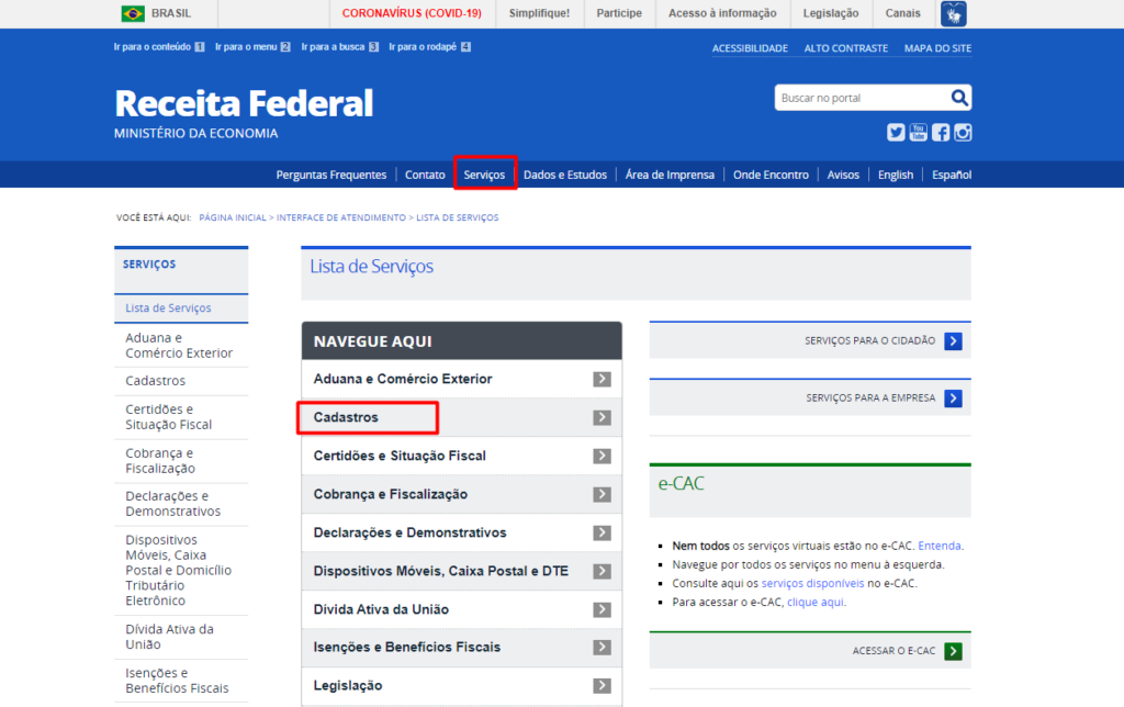 Serviços e cadastro da Receita Federal - Regularizar CPF