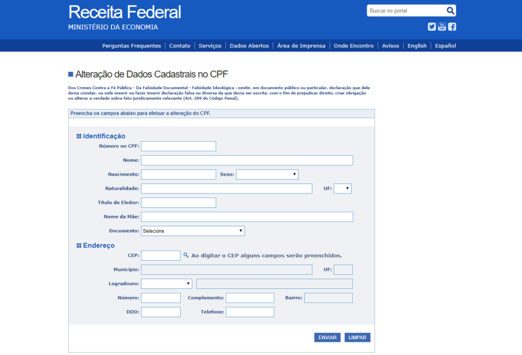 alteração de dados cadastrais CPF