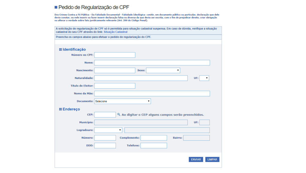 pedido de regularização de CPF